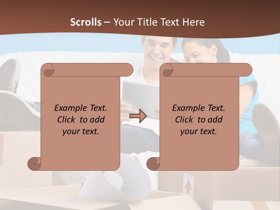 A Man And Woman Sitting On A Couch Surrounded By Boxes PowerPoint Template