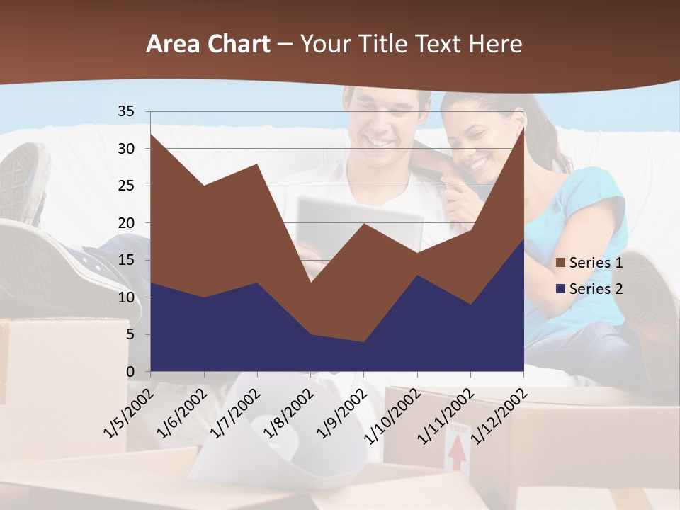 A Man And Woman Sitting On A Couch Surrounded By Boxes PowerPoint Template