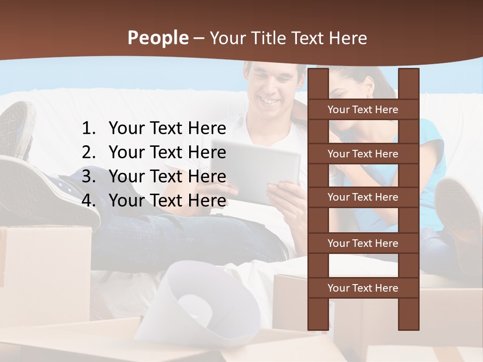A Man And Woman Sitting On A Couch Surrounded By Boxes PowerPoint Template