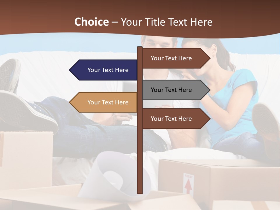 A Man And Woman Sitting On A Couch Surrounded By Boxes PowerPoint Template