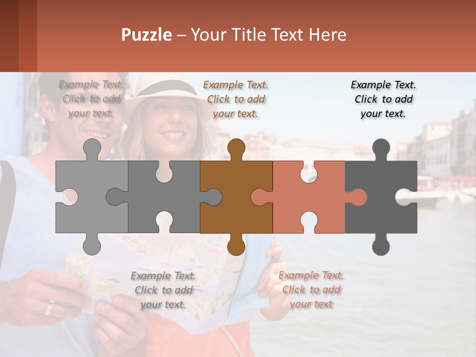 A Man And Woman Holding A Map In Front Of A Body Of Water PowerPoint Template