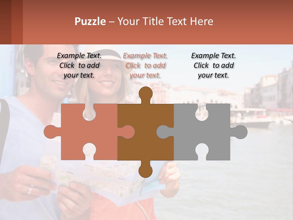 A Man And Woman Holding A Map In Front Of A Body Of Water PowerPoint Template