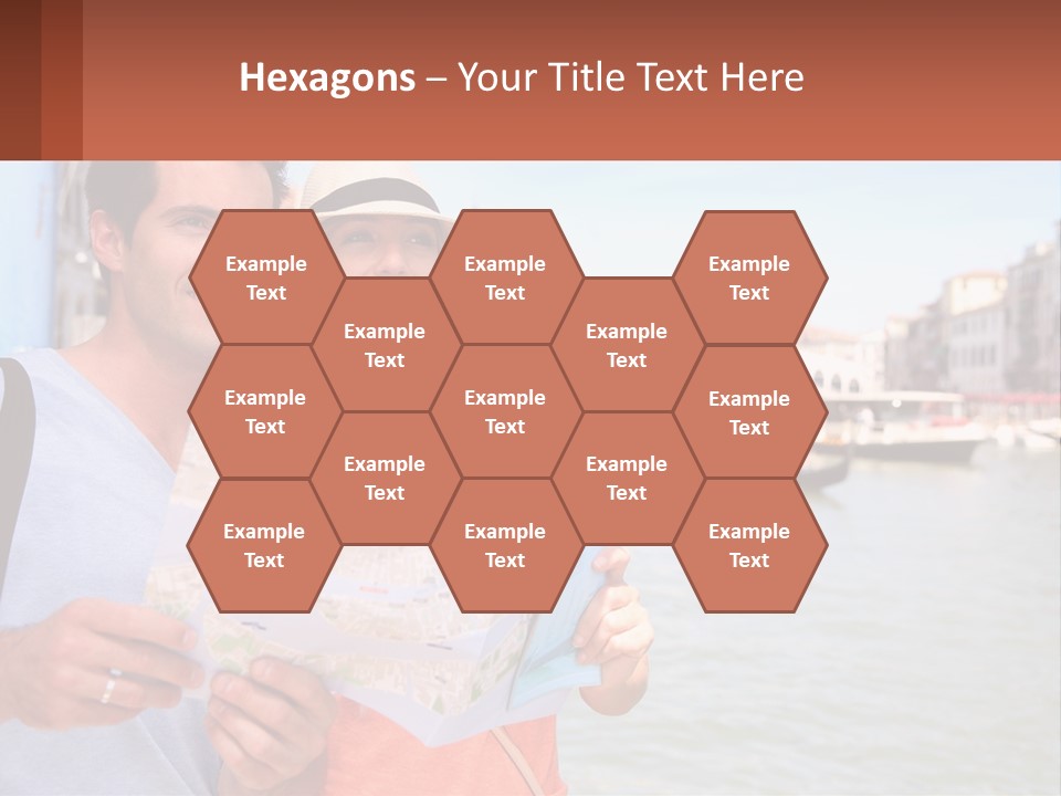 A Man And Woman Holding A Map In Front Of A Body Of Water PowerPoint Template