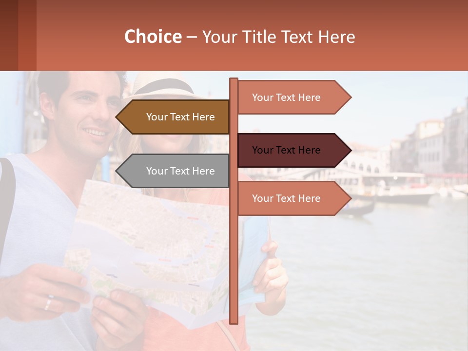 A Man And Woman Holding A Map In Front Of A Body Of Water PowerPoint Template