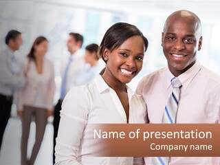 A Man And A Woman Standing Together In Front Of A Group Of People PowerPoint Template
