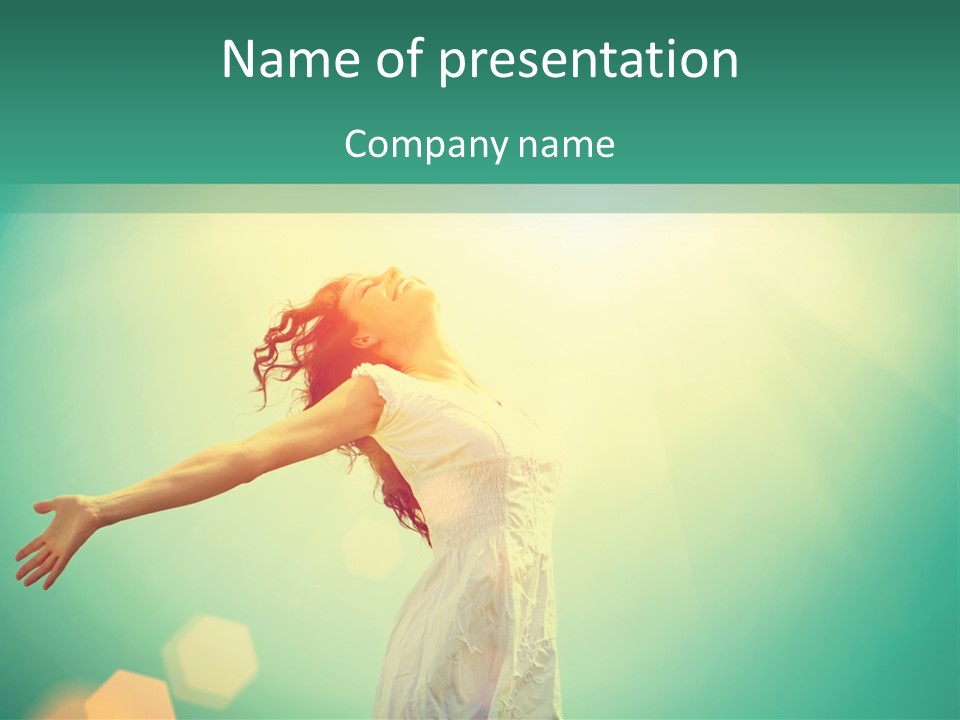 A Woman In A White Dress Is Holding Her Arms Out In The Air PowerPoint Template