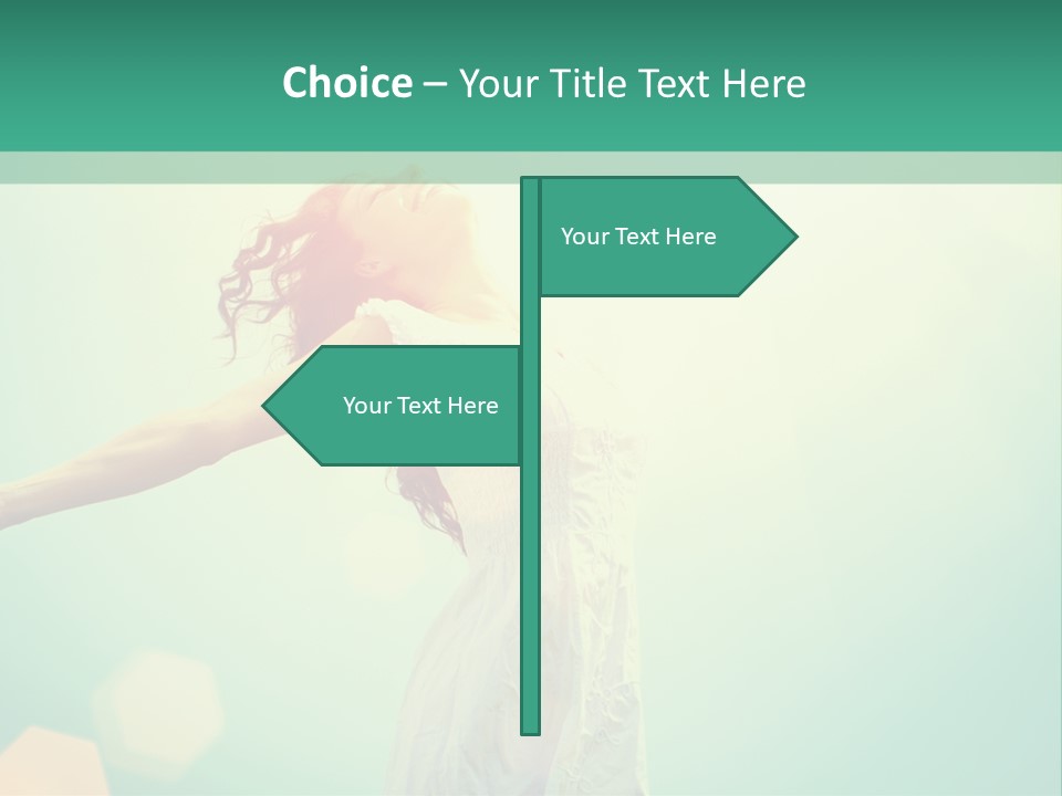 A Woman In A White Dress Is Holding Her Arms Out In The Air PowerPoint Template