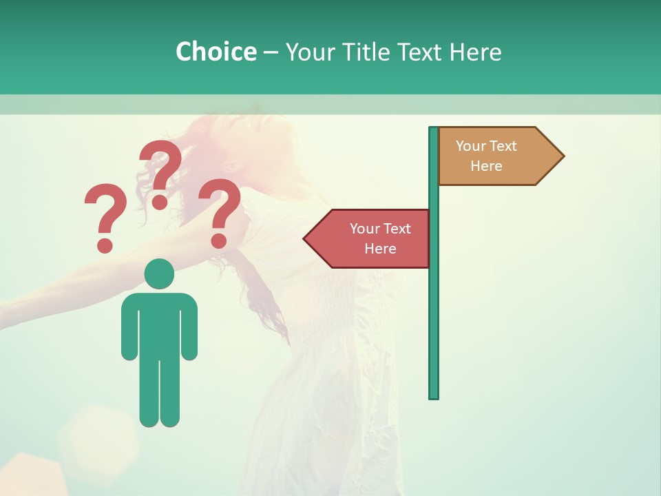 A Woman In A White Dress Is Holding Her Arms Out In The Air PowerPoint Template