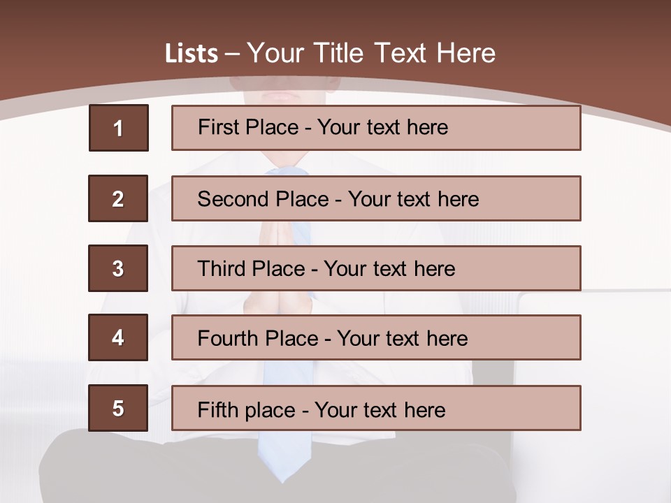 A Man Sitting On A Desk With His Hands Folded In Front Of Him PowerPoint Template