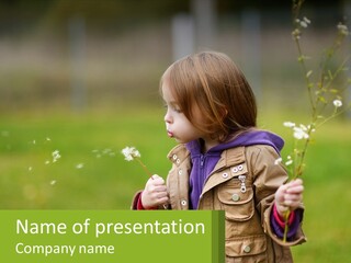 A Little Girl Blowing A Dandelion In A Field PowerPoint Template