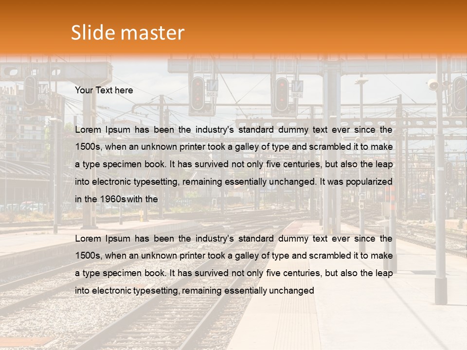 A Train Station With A Train On The Tracks PowerPoint Template