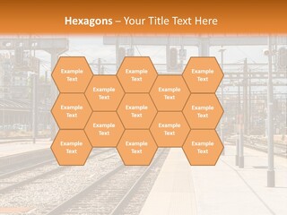 A Train Station With A Train On The Tracks PowerPoint Template