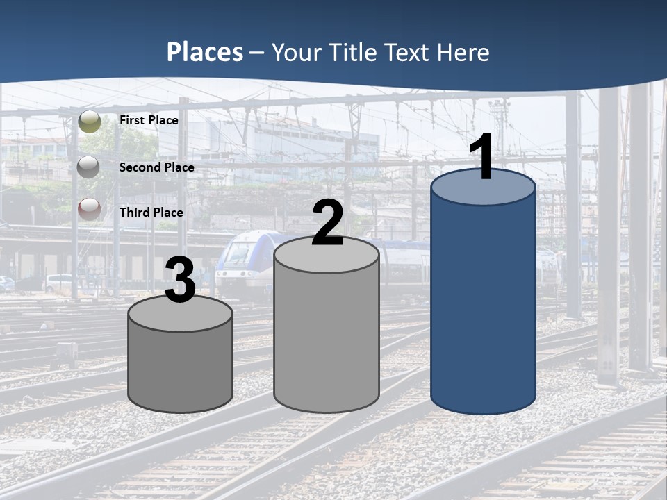 A Blue And White Train Traveling Down Train Tracks PowerPoint Template