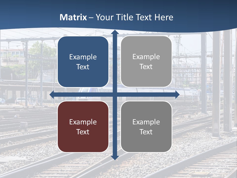 A Blue And White Train Traveling Down Train Tracks PowerPoint Template