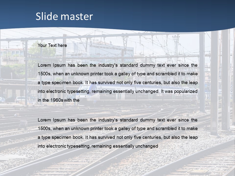 A Blue And White Train Traveling Down Train Tracks PowerPoint Template