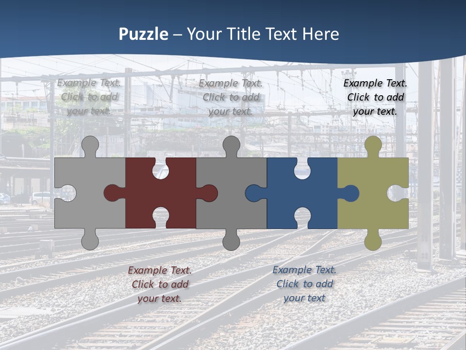 A Blue And White Train Traveling Down Train Tracks PowerPoint Template