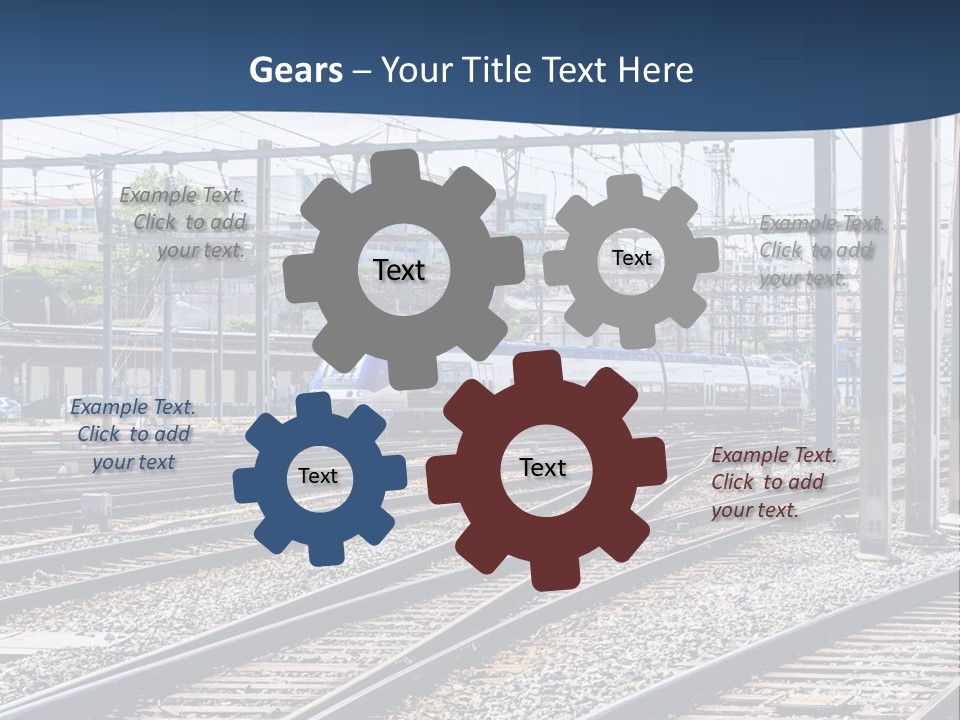 A Blue And White Train Traveling Down Train Tracks PowerPoint Template