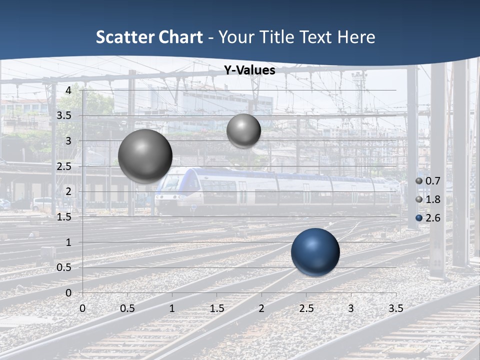 A Blue And White Train Traveling Down Train Tracks PowerPoint Template