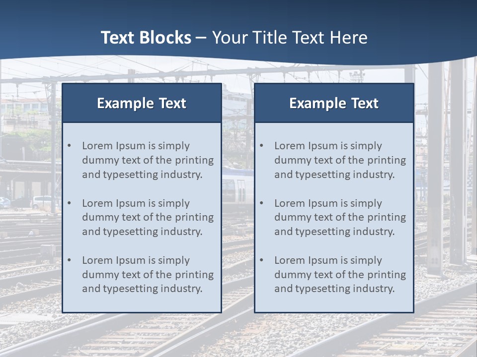 A Blue And White Train Traveling Down Train Tracks PowerPoint Template