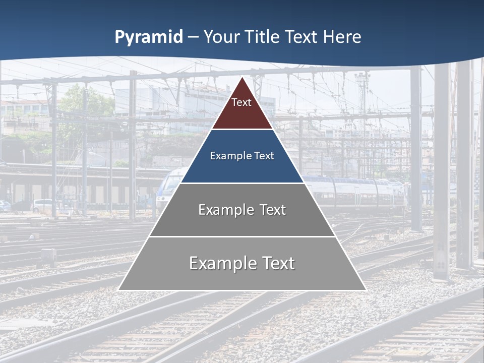 A Blue And White Train Traveling Down Train Tracks PowerPoint Template