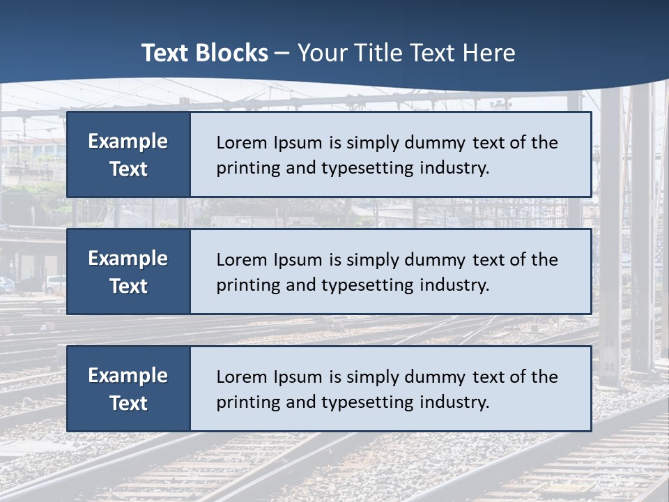 A Blue And White Train Traveling Down Train Tracks PowerPoint Template