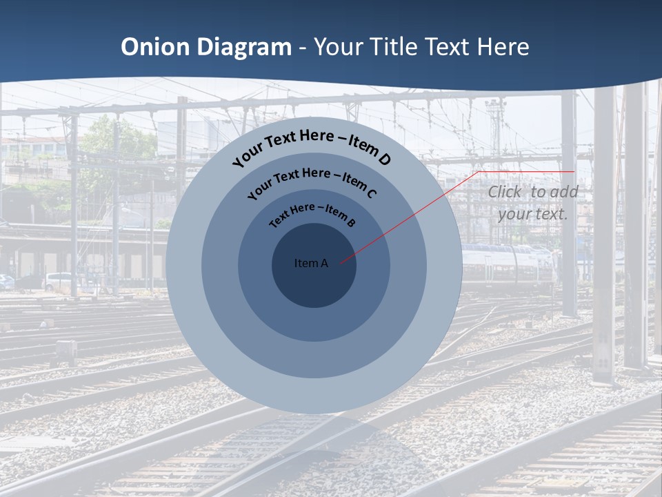 A Blue And White Train Traveling Down Train Tracks PowerPoint Template