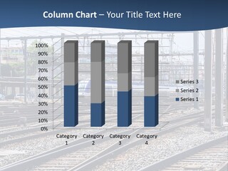 A Blue And White Train Traveling Down Train Tracks PowerPoint Template