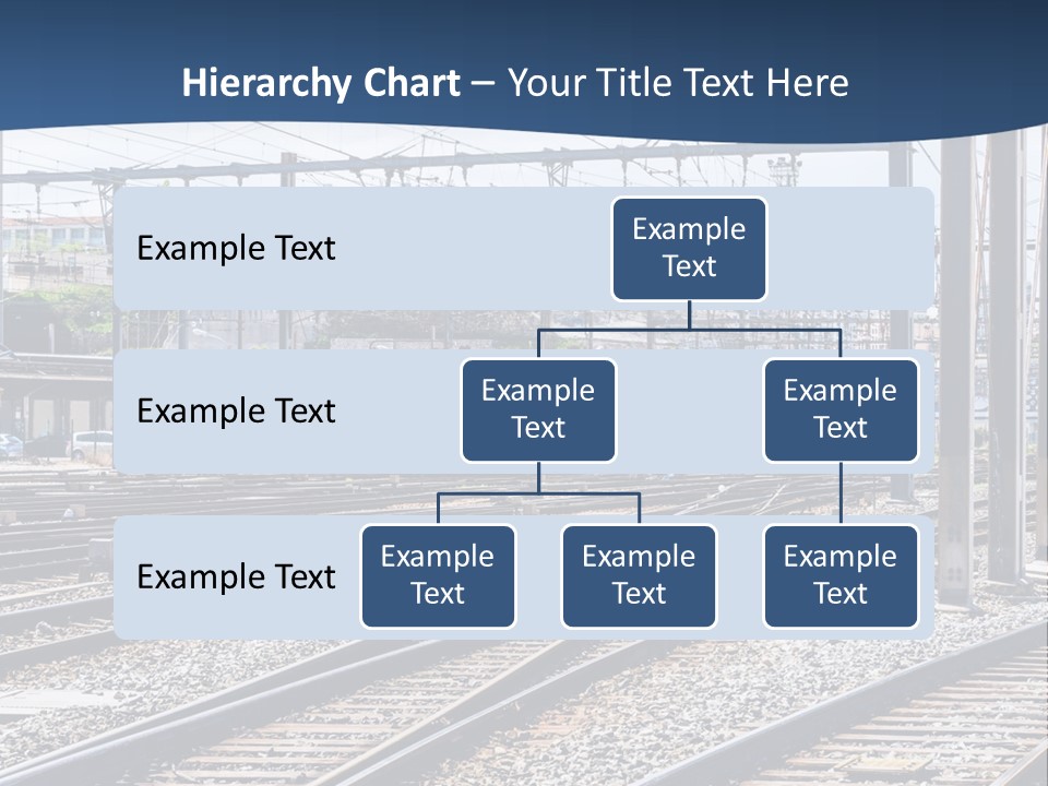 A Blue And White Train Traveling Down Train Tracks PowerPoint Template