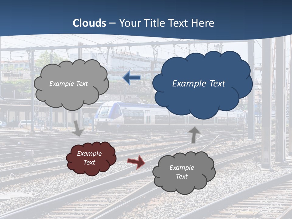 A Blue And White Train Traveling Down Train Tracks PowerPoint Template