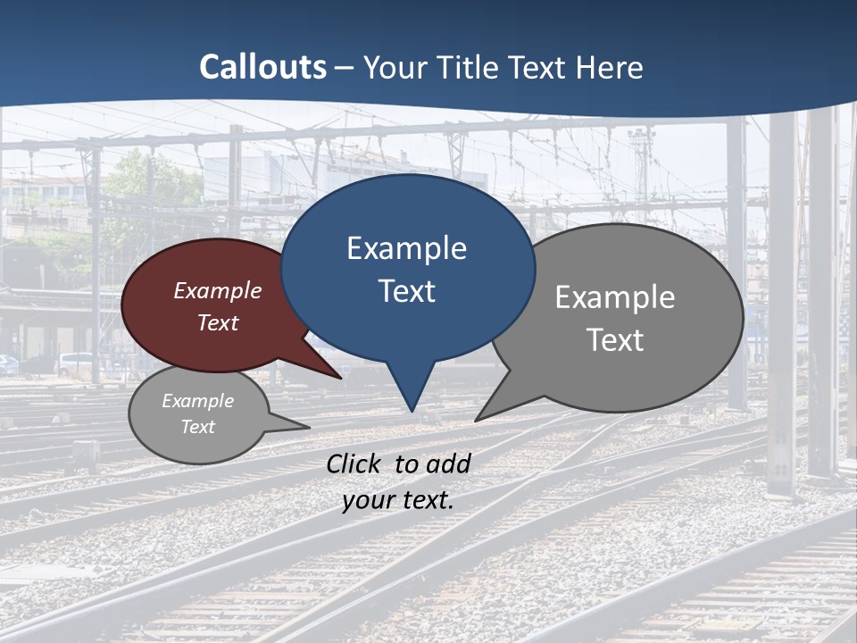 A Blue And White Train Traveling Down Train Tracks PowerPoint Template