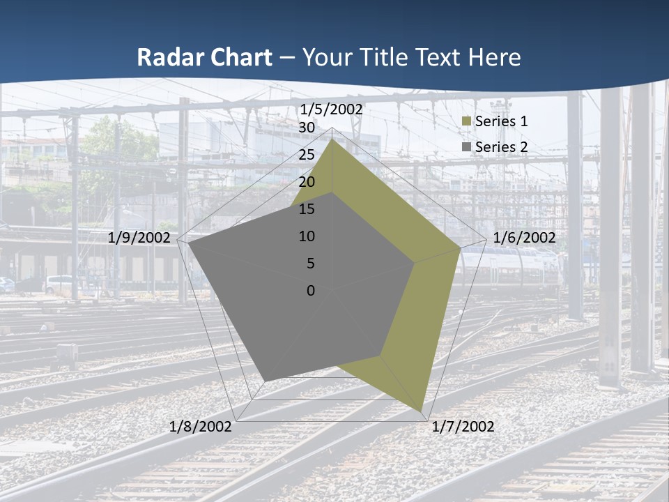 A Blue And White Train Traveling Down Train Tracks PowerPoint Template