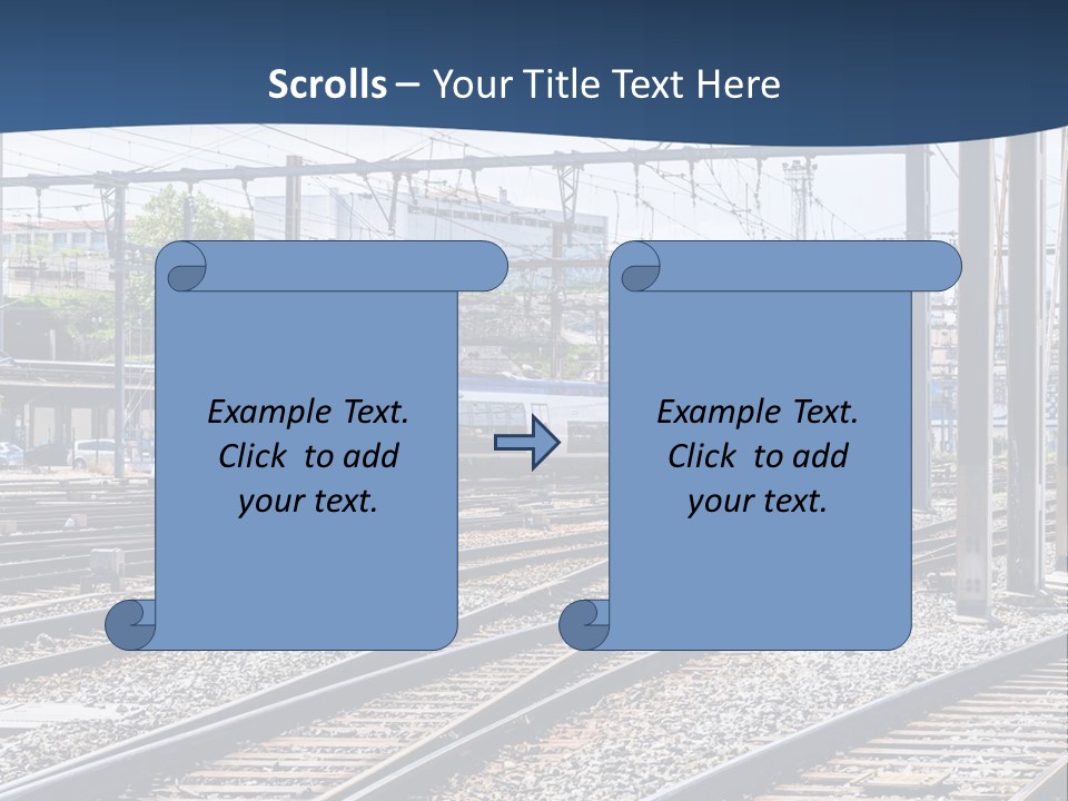 A Blue And White Train Traveling Down Train Tracks PowerPoint Template