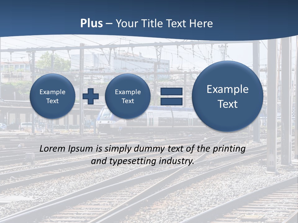 A Blue And White Train Traveling Down Train Tracks PowerPoint Template