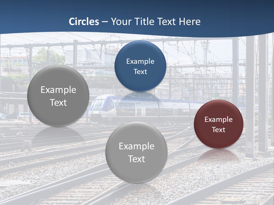 A Blue And White Train Traveling Down Train Tracks PowerPoint Template