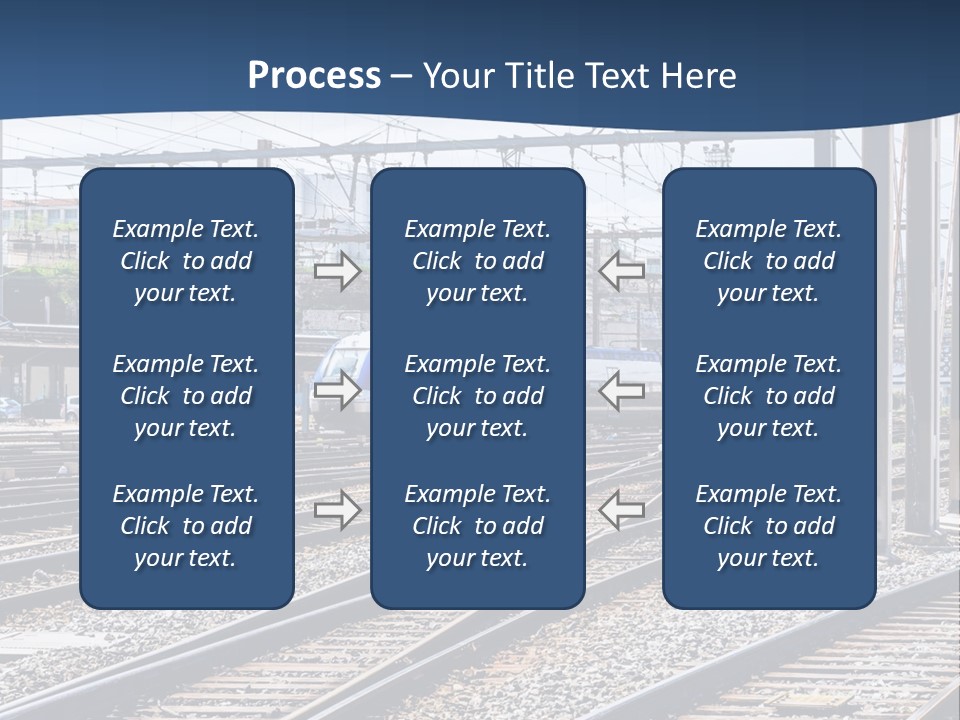 A Blue And White Train Traveling Down Train Tracks PowerPoint Template