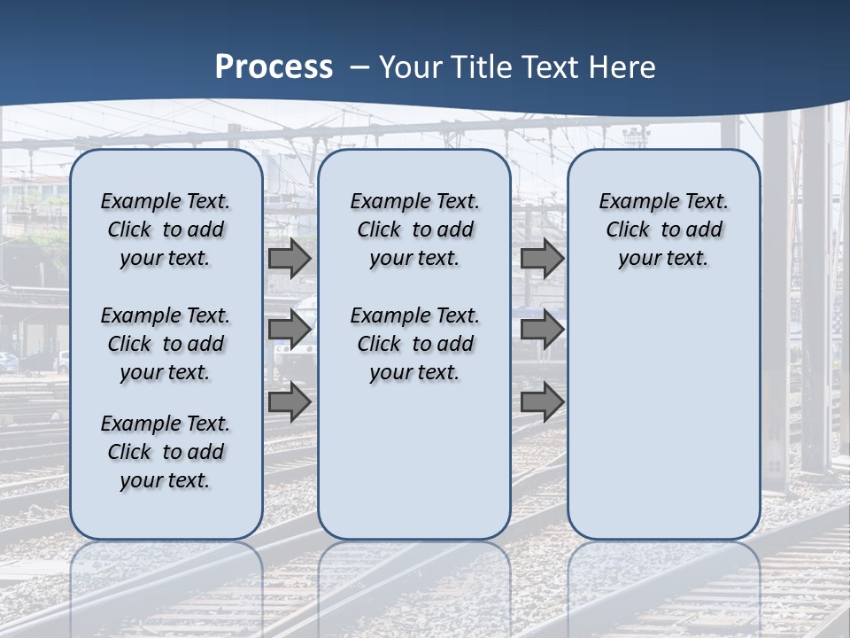 A Blue And White Train Traveling Down Train Tracks PowerPoint Template