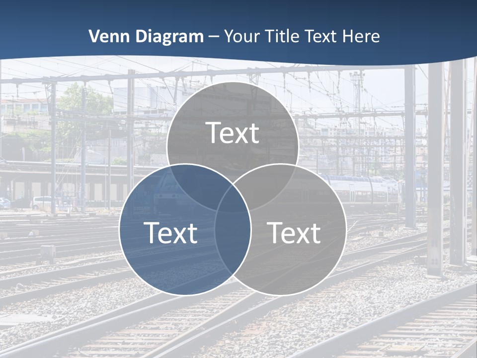 A Blue And White Train Traveling Down Train Tracks PowerPoint Template
