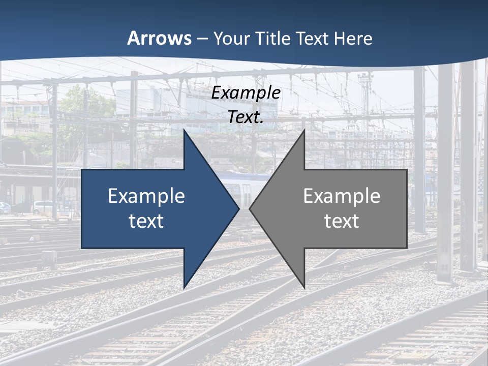A Blue And White Train Traveling Down Train Tracks PowerPoint Template