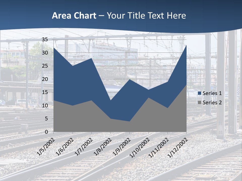 A Blue And White Train Traveling Down Train Tracks PowerPoint Template