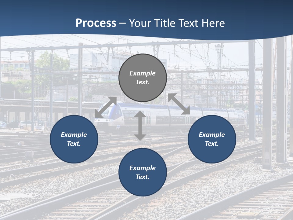 A Blue And White Train Traveling Down Train Tracks PowerPoint Template