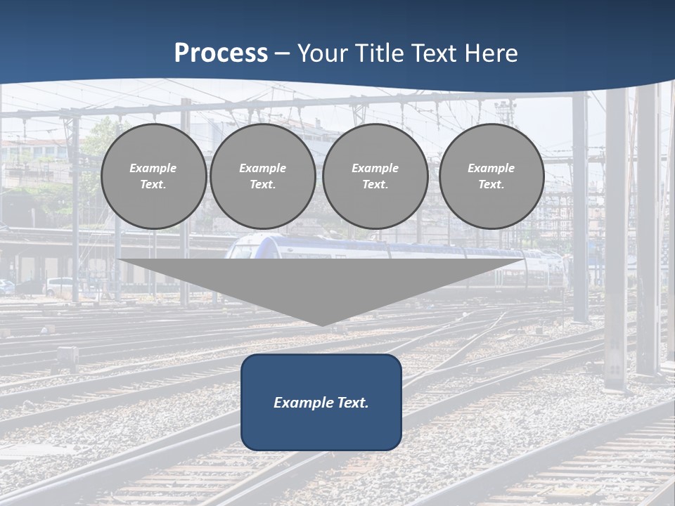 A Blue And White Train Traveling Down Train Tracks PowerPoint Template