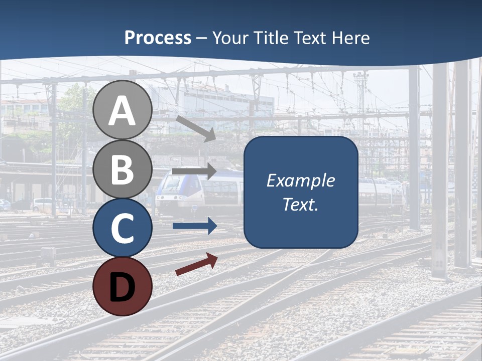 A Blue And White Train Traveling Down Train Tracks PowerPoint Template