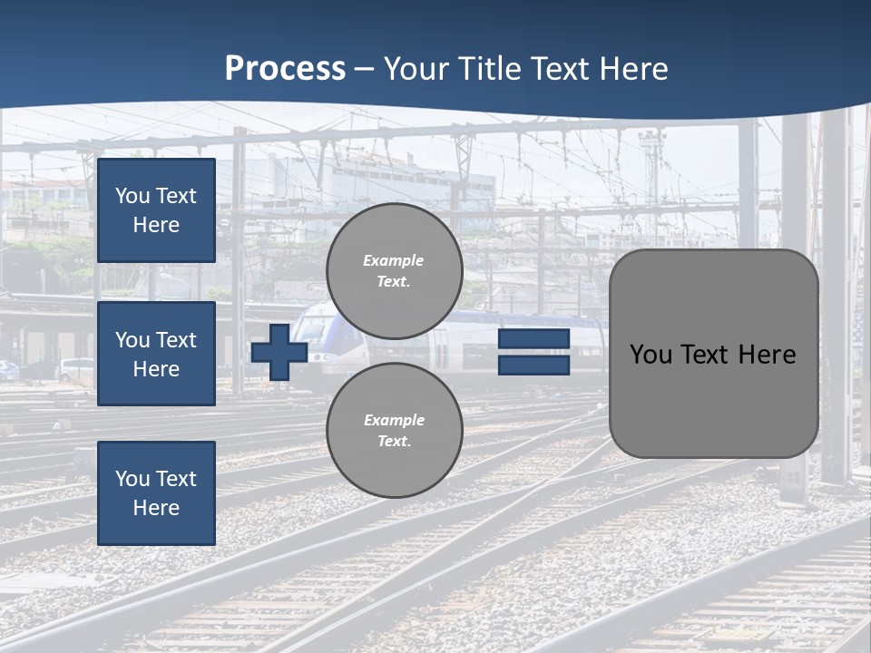A Blue And White Train Traveling Down Train Tracks PowerPoint Template