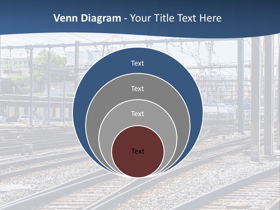 A Blue And White Train Traveling Down Train Tracks PowerPoint Template