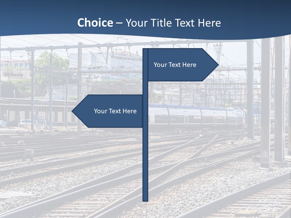 A Blue And White Train Traveling Down Train Tracks PowerPoint Template
