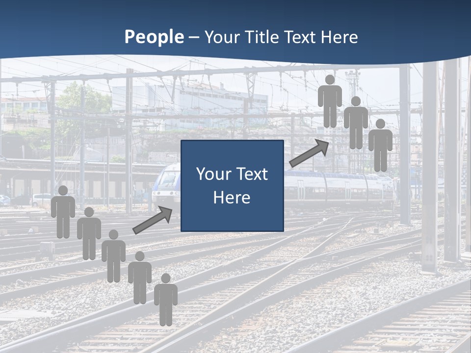 A Blue And White Train Traveling Down Train Tracks PowerPoint Template
