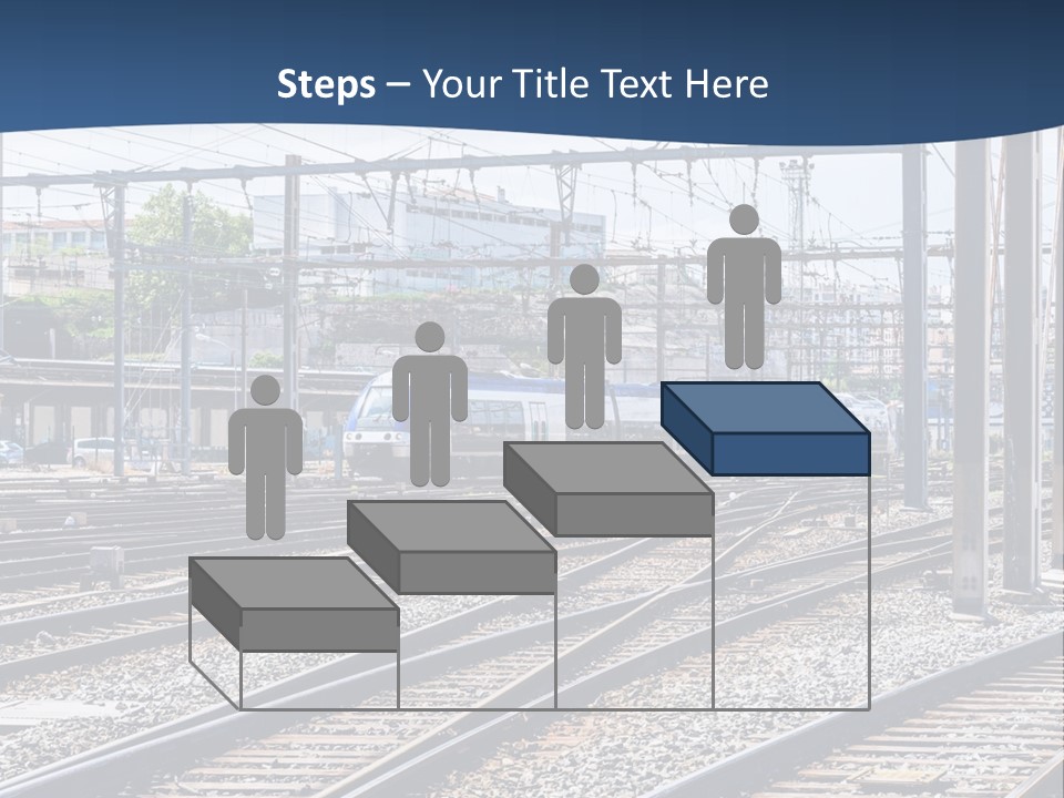 A Blue And White Train Traveling Down Train Tracks PowerPoint Template