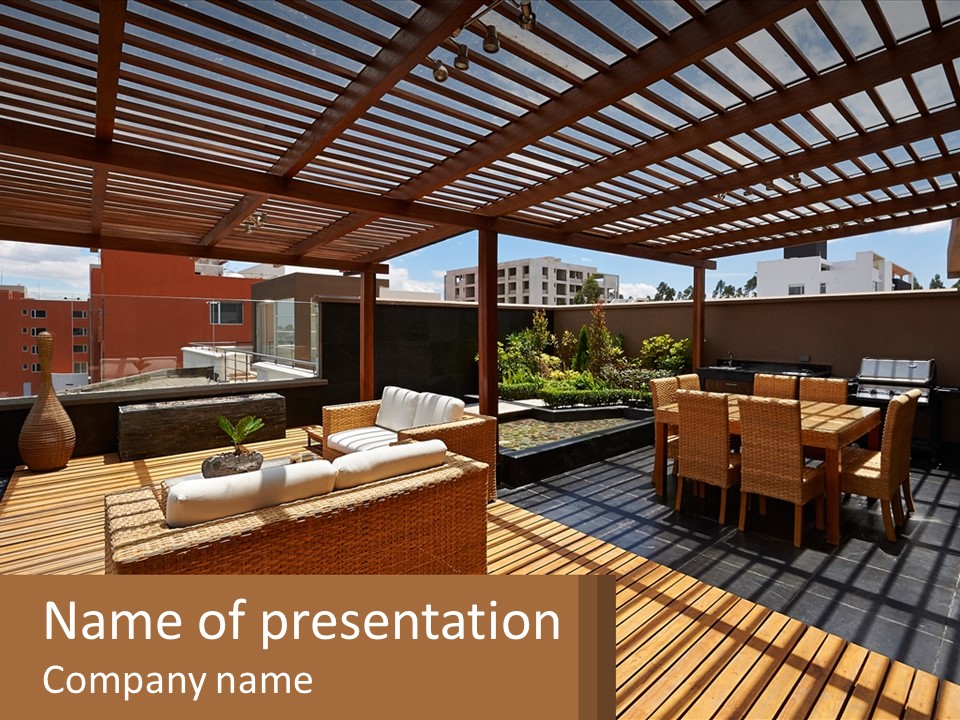 A Wooden Deck With A Table And Chairs PowerPoint Template