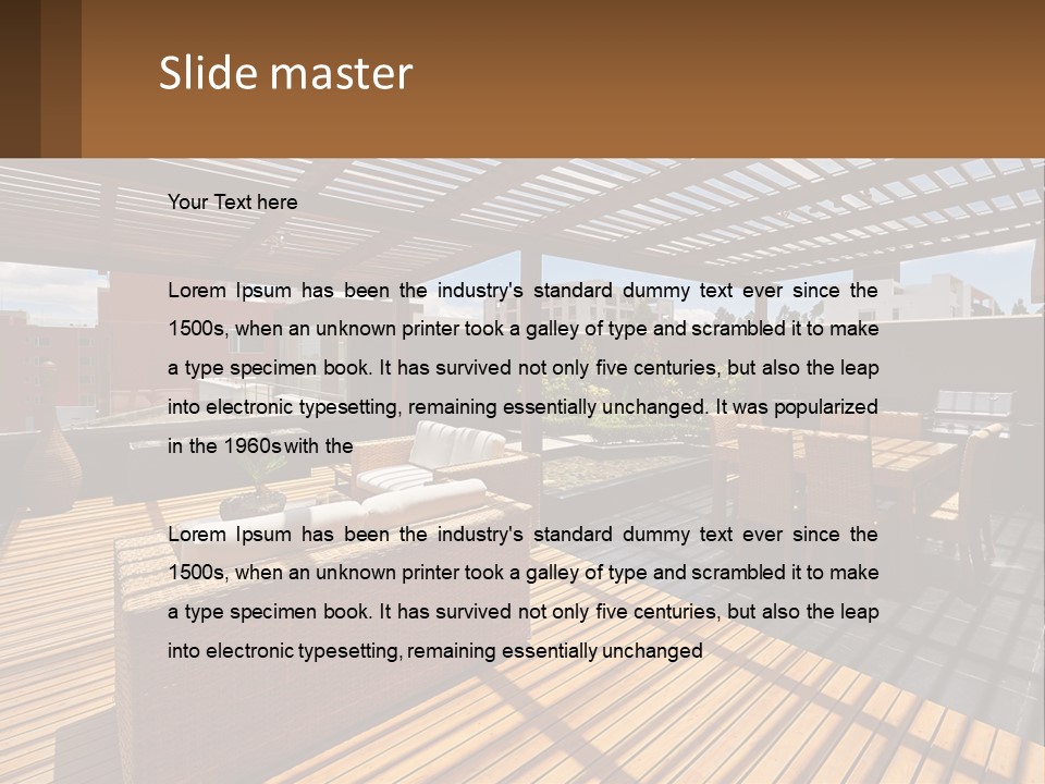 A Wooden Deck With A Table And Chairs PowerPoint Template