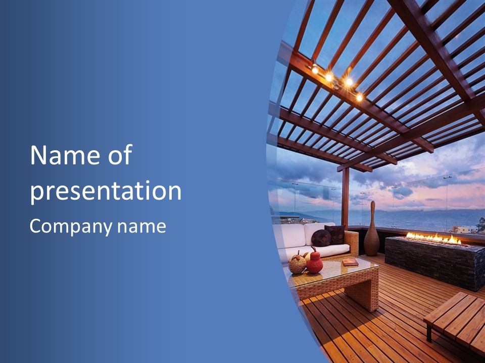 A Wooden Deck With A Fire Pit On It PowerPoint Template
